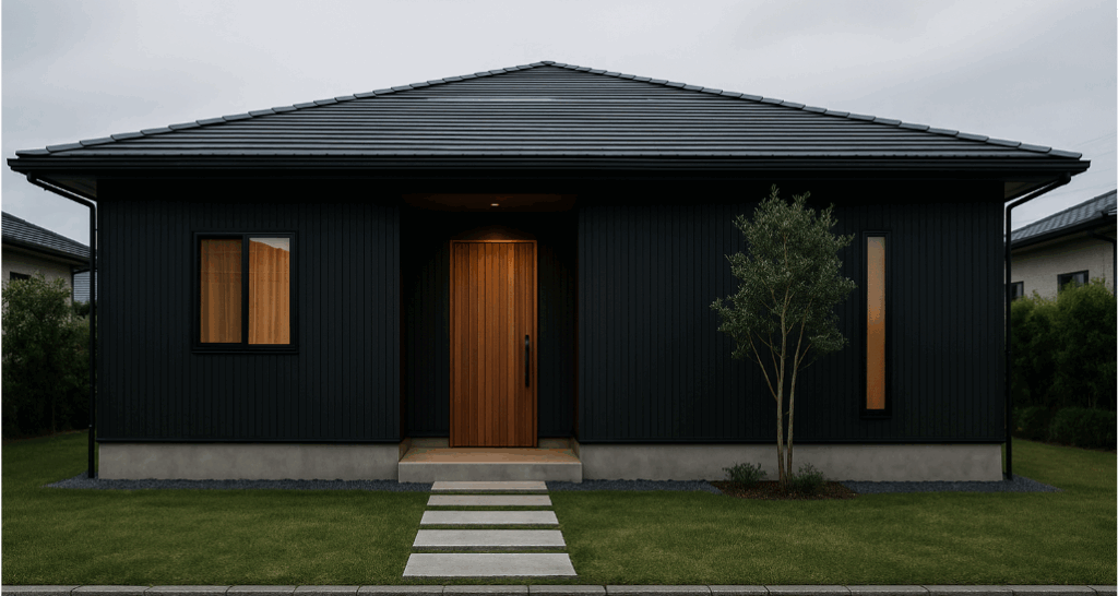 黒ガルバ外壁が映える落ち着きのある和モダン平屋のAI画像